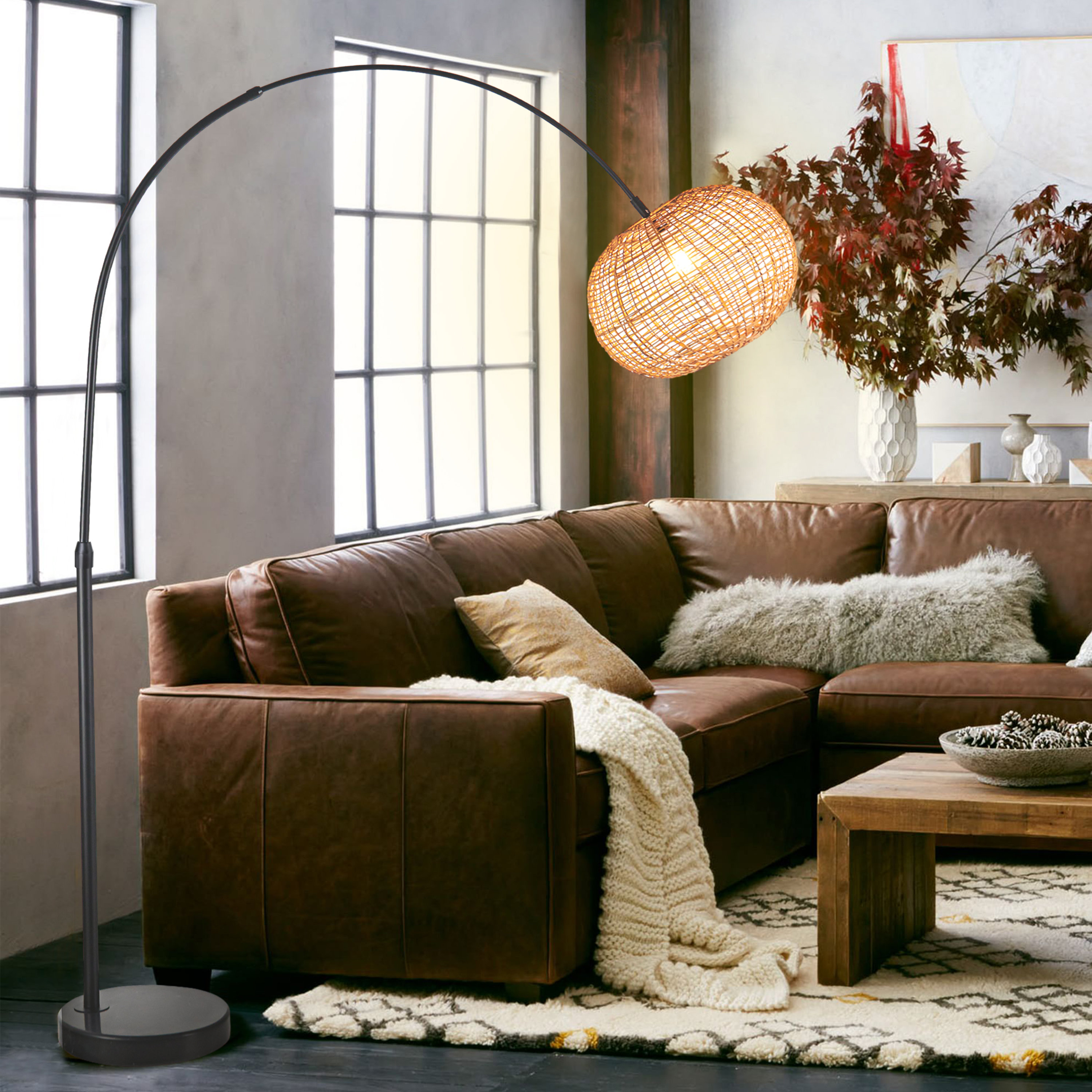 Bayou Breeze Tresckow Arc Floor Lamp Adjustable H W Rattan Shade Reviews Wayfair Canada